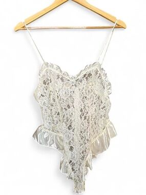 Vintage Victoria's Secret Gold Label 90s Ivory Lace Satin-Trim Bodysuit Angel